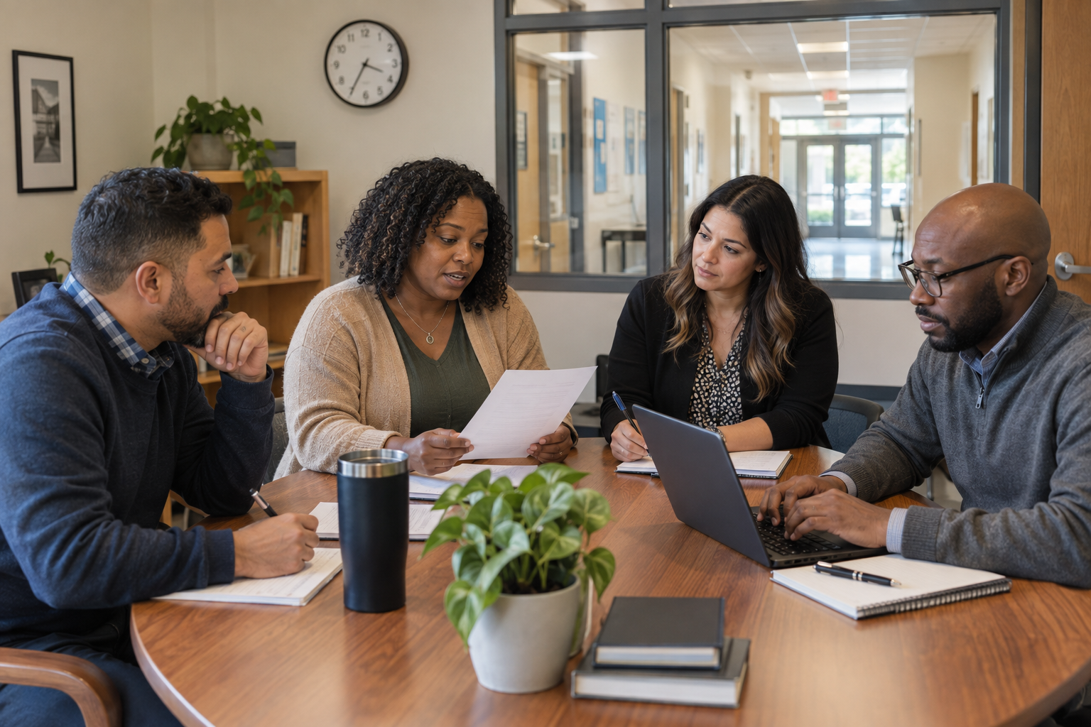 Four high-school support staff review notes and record next steps together in a school conference room.