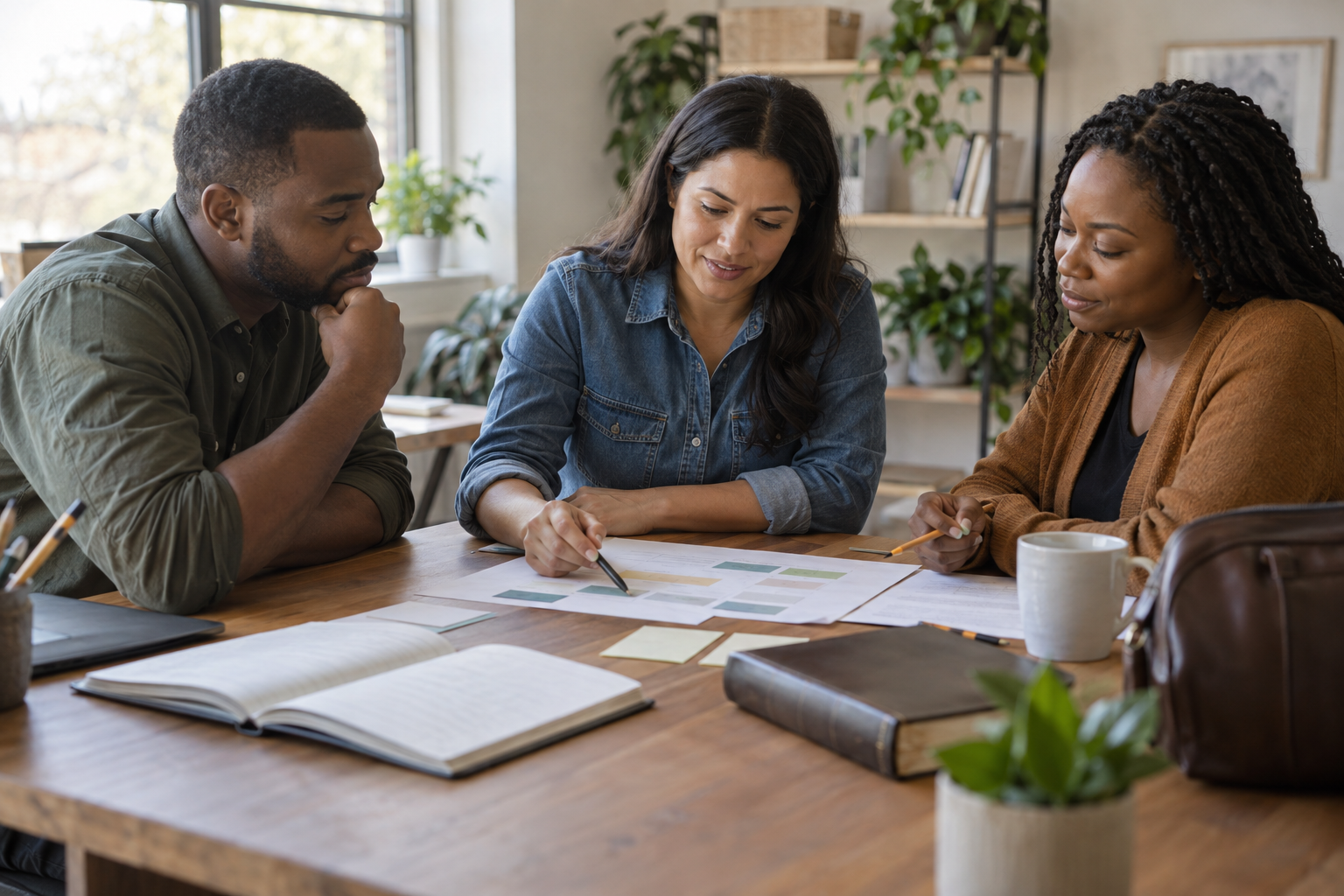 A founder and two colleagues review project planning cards around a sunlit office table, with a notebook and closed Bible nearby.