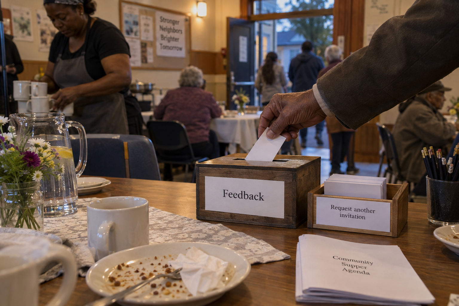 A guest places a feedback card in a box beside separate invitation-request slips as a volunteer clears mugs in a community hall.