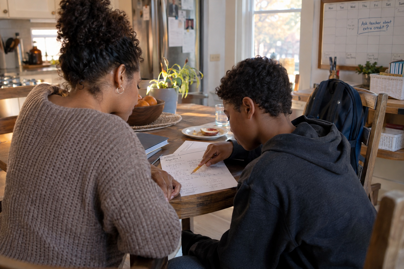 A middle-school student points to a math worksheet while his mother listens beside him at a kitchen table with a snack and weekly calendar.