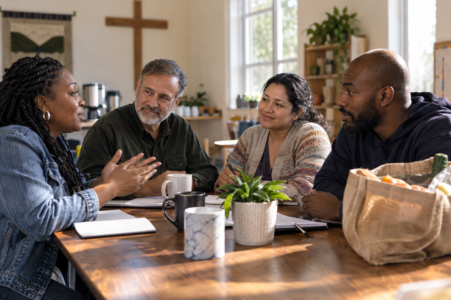 Adults seated around a church fellowship-room table listen to a community member while planning practical support together.